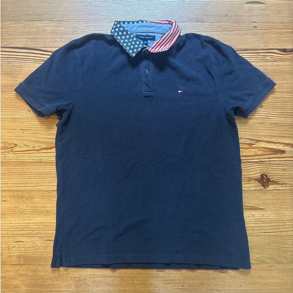 Tommy Hilfiger American flag collar dark navy blue mens short sleeve polo SIZE L